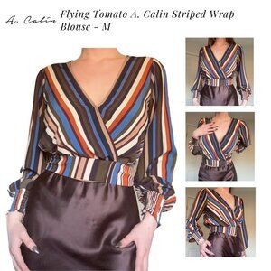 Flying Tomato A. Calin Striped Wrap Blouse - V-Neck Tie Waist - M